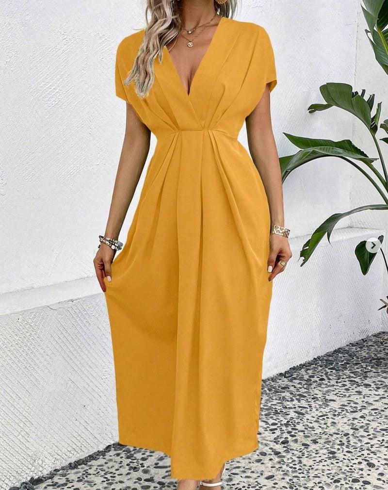 Cheky - Solid Color Deep V Shoulder Sleeve Folding Elastic Waist Long Dress