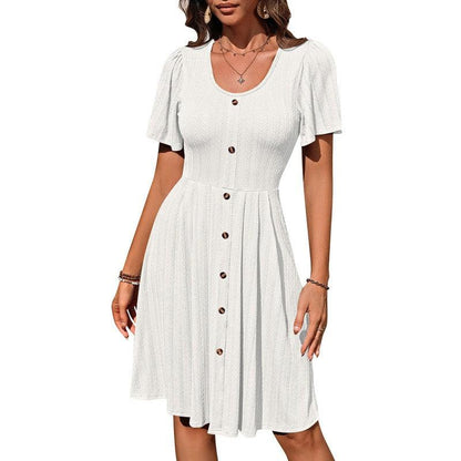 Cheky - Summer U-neck Short-sleeved Dress With Button Design Fashion Casual Solid Color Holiday Dress For Womens Clothing