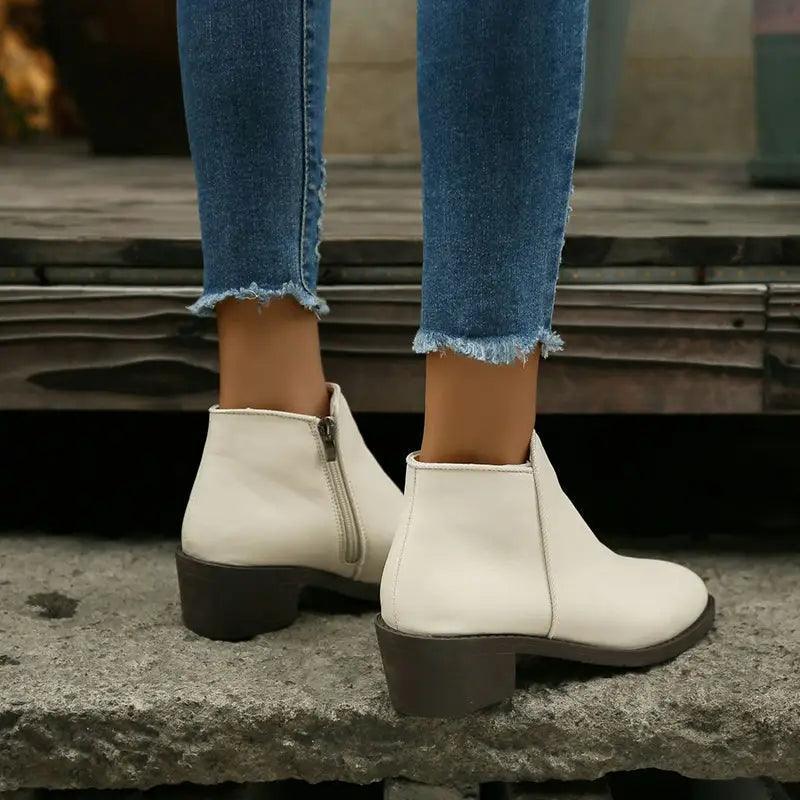 Cheky - Ankle Boots Women Chunky Mid Heel Shoes Waterproof Side Zipper Boots