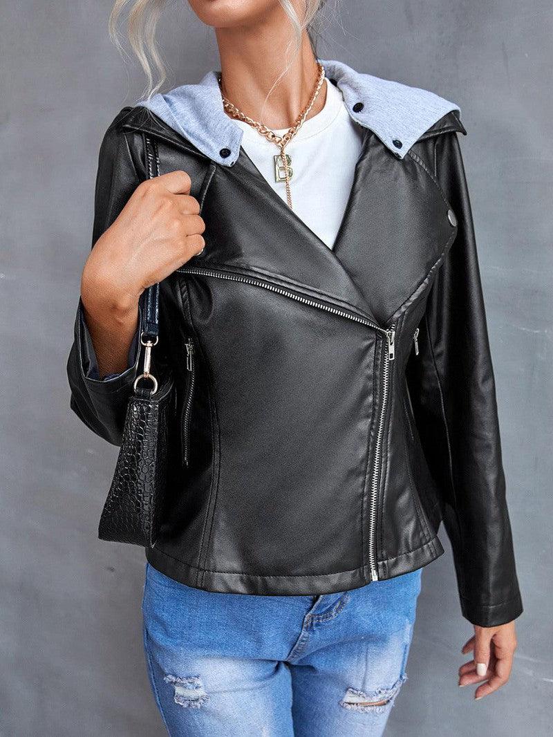 Cheky - Casual PU Jacket With Hood And Removable Side Zipper