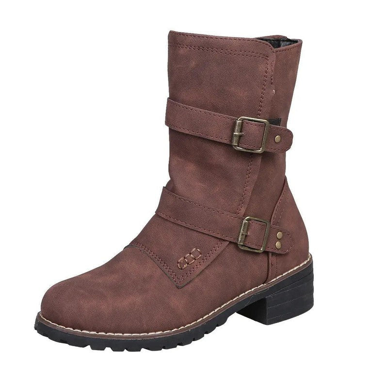 Cheky - Casual Round Toe Belt Buckle Women Boots