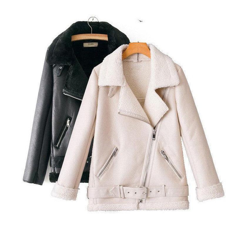 Cheky - Casual Simple Oblique Zipper PU Plus Velvet Jacket