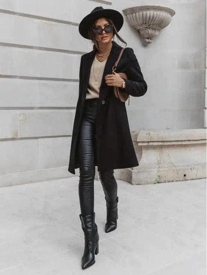 Cheky - Chic Lapel Mid-Length Button Wool Coat