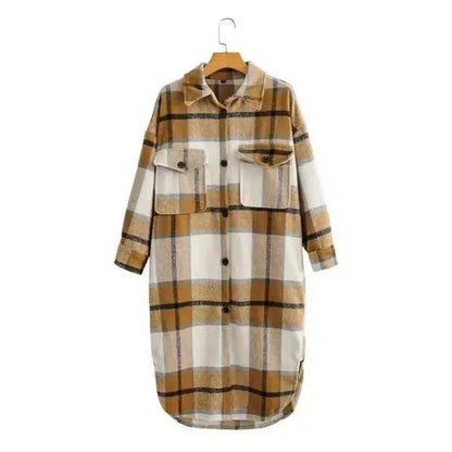 Cheky - Contrasting Plaid Casual Fashion Simple Long Woolen Coat