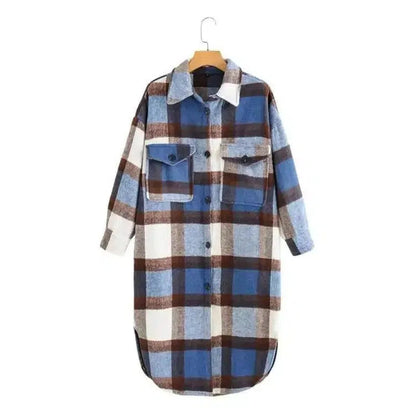 Cheky - Contrasting Plaid Casual Fashion Simple Long Woolen Coat