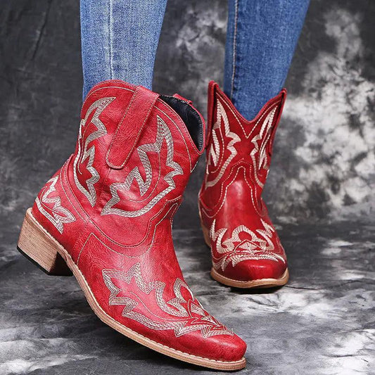 Cheky - Cowboy Boots Women Embroidery Wedge Heel Shoes Western Cowgirl Boots