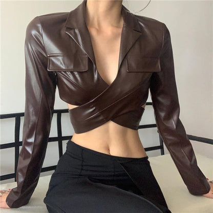 Cheky - Cross StrapsWaist And ChestLong-sleeved Pu Leather Short Jacket Women