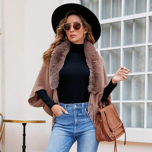 Cheky - Drizzling Fur Collar Knitted Tassel Cape Coat Women