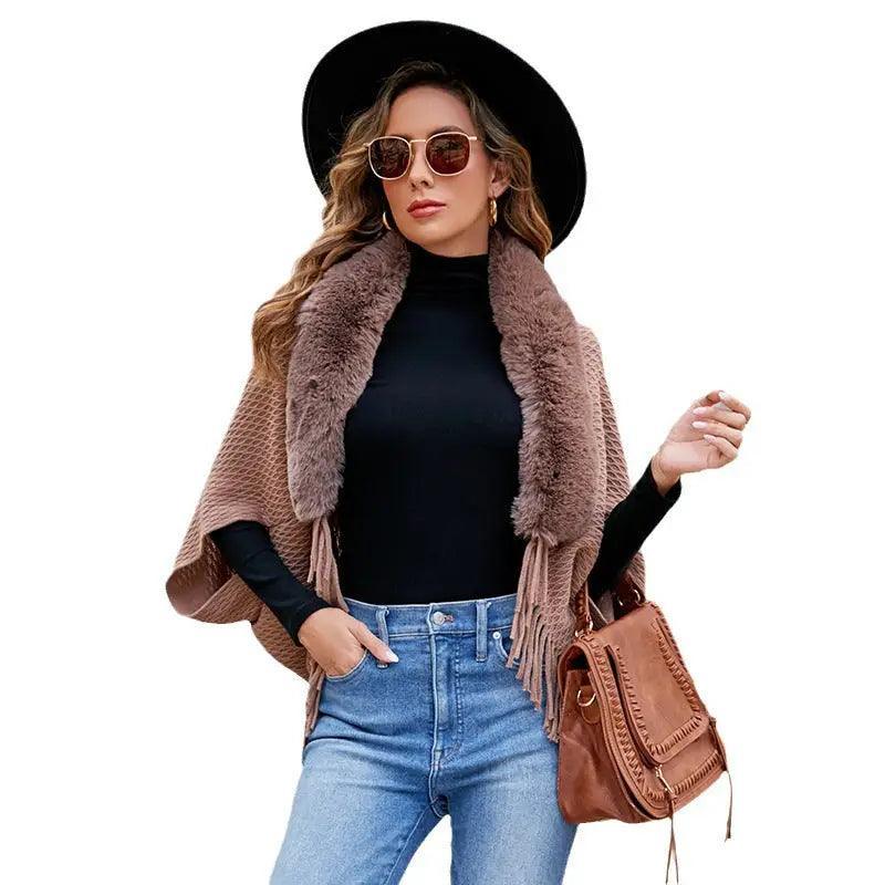 Cheky - Drizzling Fur Collar Knitted Tassel Cape Coat Women