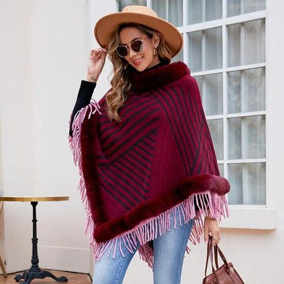 Cheky - Drizzling Fur Collar Pullover Tassel Knitted Cape For Women