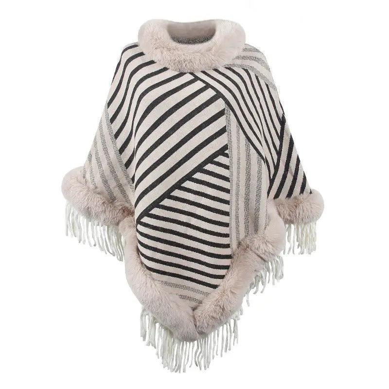 Cheky - Drizzling Fur Collar Pullover Tassel Knitted Cape For Women