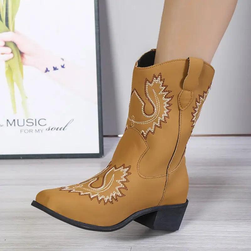 Cheky - Embroidery Western Boots Chunky Mid Heel Cowboy Boots Women Shoes