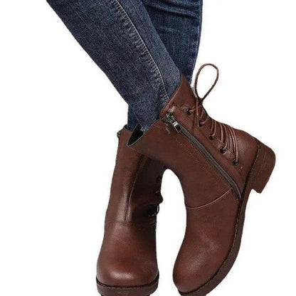 Cheky - Fashion New Round Head Belt Buckle Thick Heel Martin Boots Women