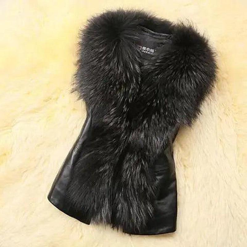 Cheky - Faux Fur Vest And Fur Coat Short Raccoon Fur Collar Vest