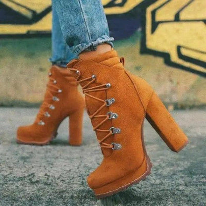 Cheky - Heeled Boots For Women Round Toe Lace UP High Heels Boots