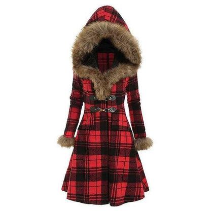 Cheky - Hooded fur and woolen mid-length coat