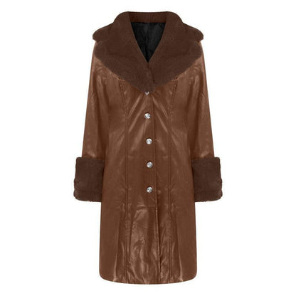 Cheky - Lapel Long Coat Fur Collar Temperament Zipper Women PU Jacket