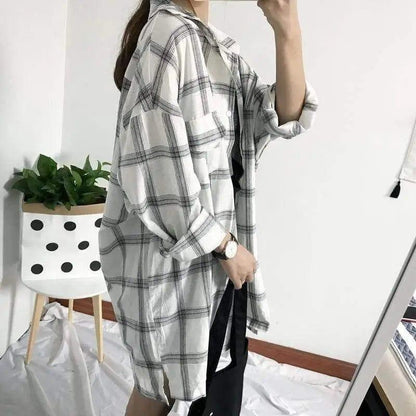 Cheky - Large Size Plaid Shirt Women Loose Long-sleeved Shirt Sun