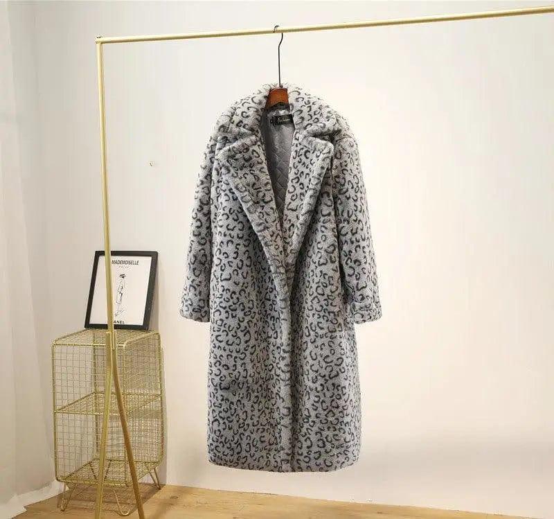 Cheky - Leopard print oversized suit collar fur coat