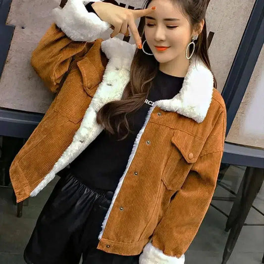 Cheky - Corduroy lambskin padded jacket long