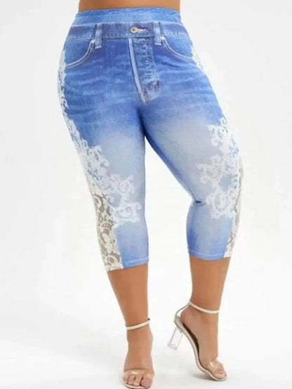 Cheky - Imitation Denim Lace Stitching Print Leggings Woman