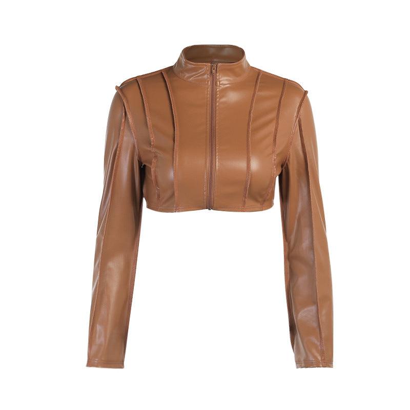 Cheky - New Autumn And Winter Long-sleeved Ultra-short Zipper Leather Jacket