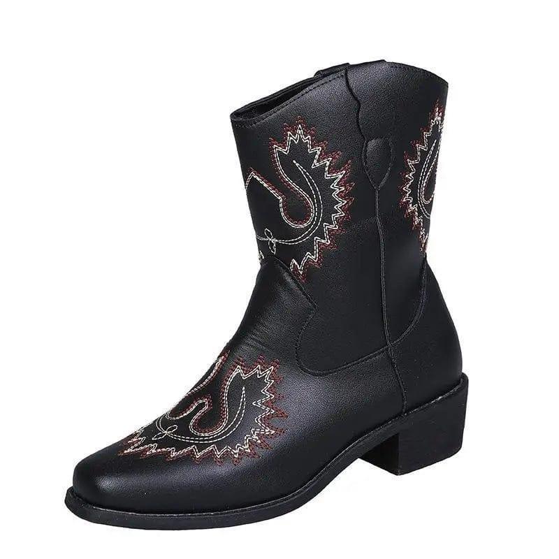 Cheky - New Large Short Boots Embroidered Ethnic Style Slope Heel Casual Women