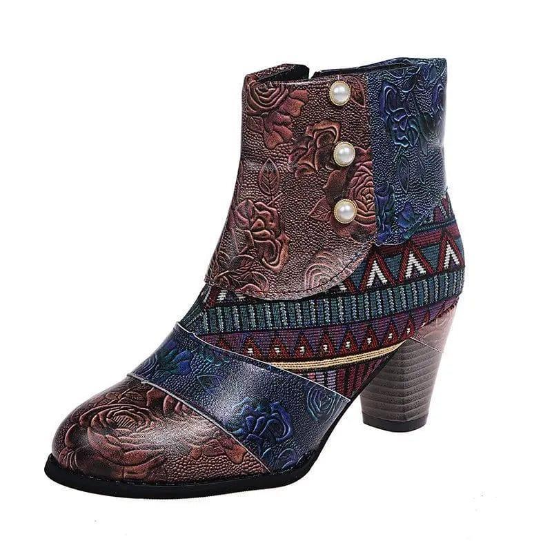 Cheky - Print Ankle Boots Chunky Mid Heel Boots Women Side Zipper Shoes