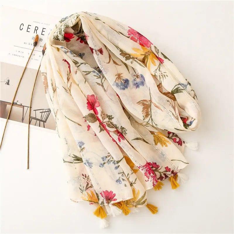 Cheky - Retro Style Rice Coffee Flower With Sequin Scarf Travel Sunscreen Long Style