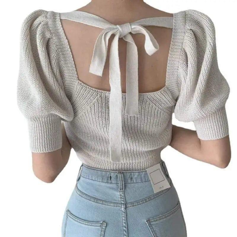 Cheky - Sexy Hollow Halter Strap Carefully Slim Puff Sleeve Sweater