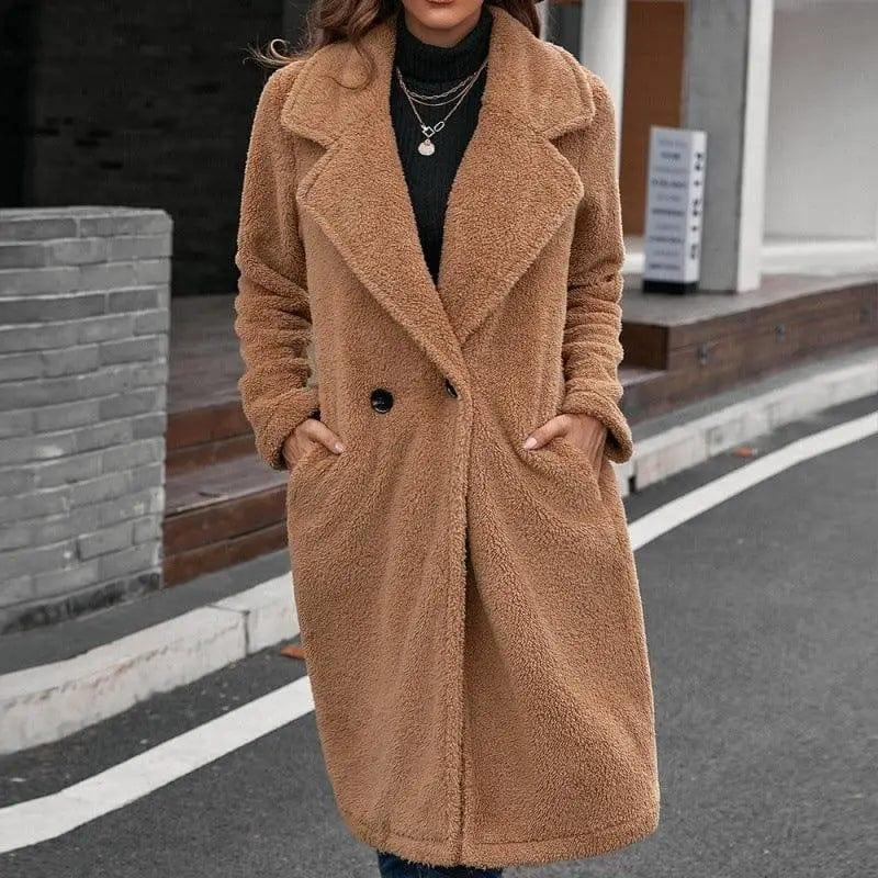 Cheky - Single-breasted Mid-plush Trench Coat Loose-collar Lambswool