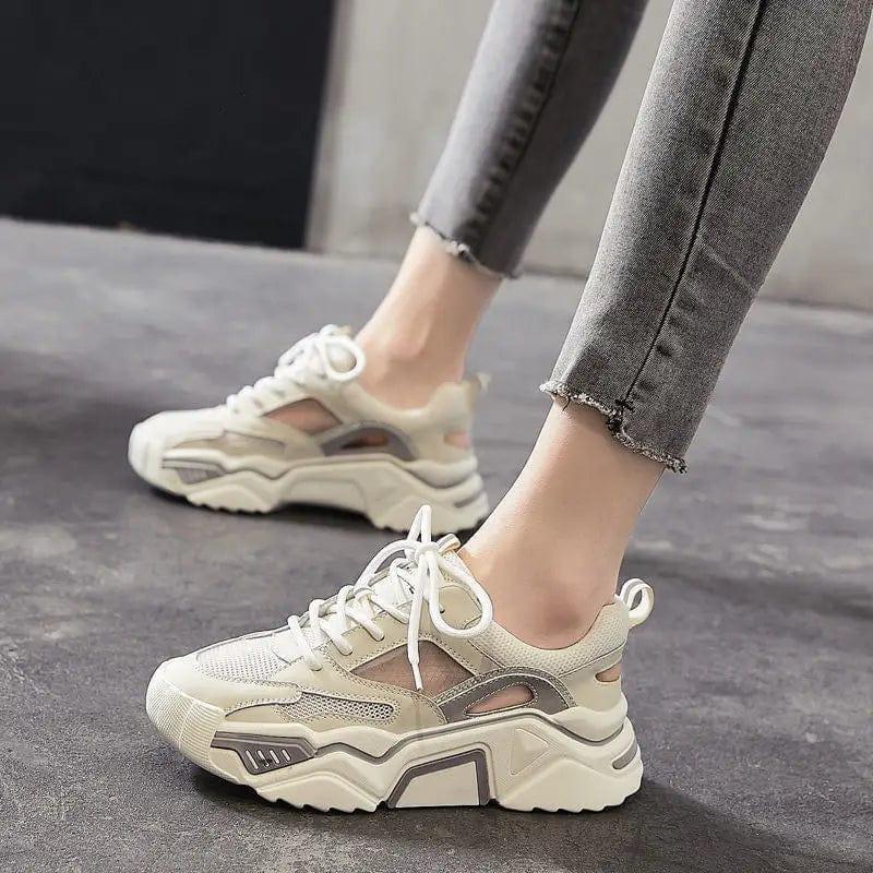 Cheky - Spring Women's Mesh Breathable Comfortable Sneakers Thick-soled Lace-up Increased Dad Shoes Casual Vulcanized Shoes Women