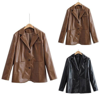 Cheky - Temperament Commuting Light Cooked Wind Big Pocket Faux Leather Suit Jacket