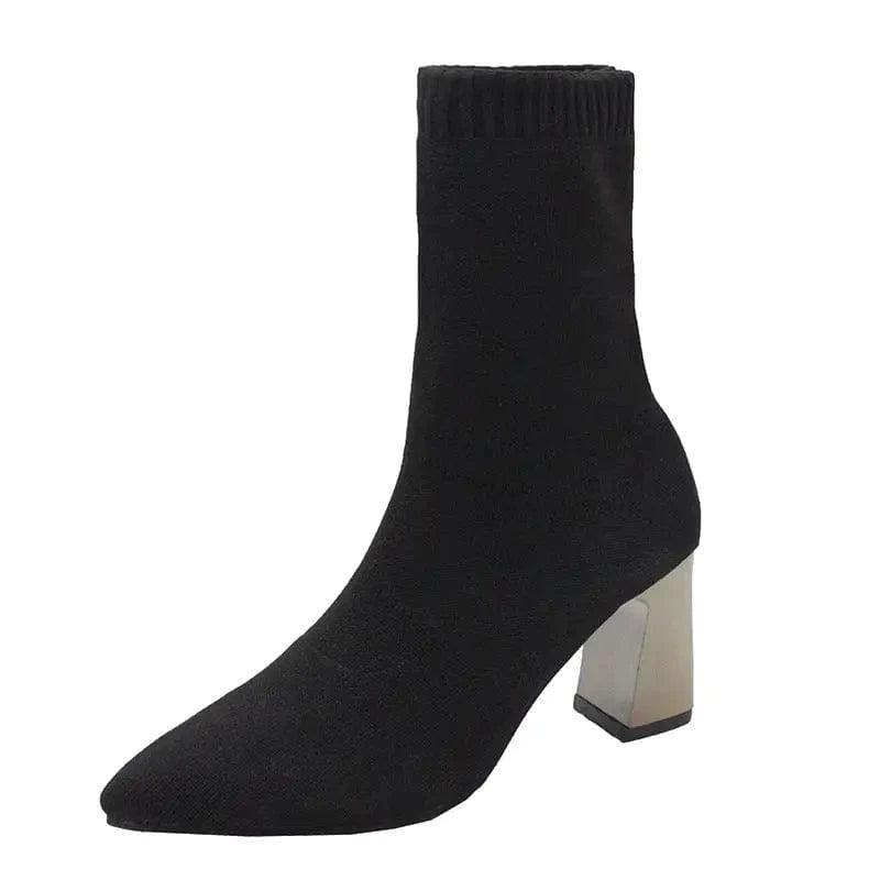 Cheky - Thick Heel Elastic Thin Net Red Socks Boots Mid-tube Pointed Toe High-heeled Short Boots Women