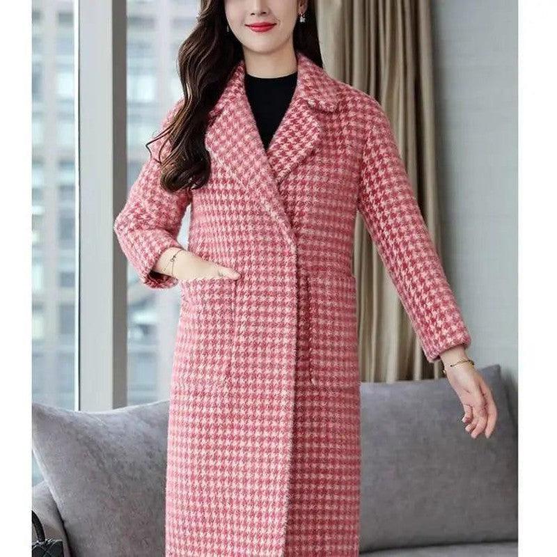 Cheky - Winter mid-length plaid wool coat with POLO collar