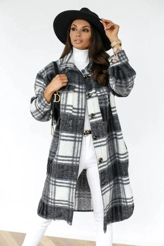 Cheky - Women's Long-sleeved Plaid Print Mid-length Shirt Jacket